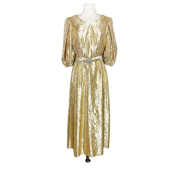 Vintage 50s Small Gold Lurex Cocktail Party Dress Rhinestone Belt Flashy Formal